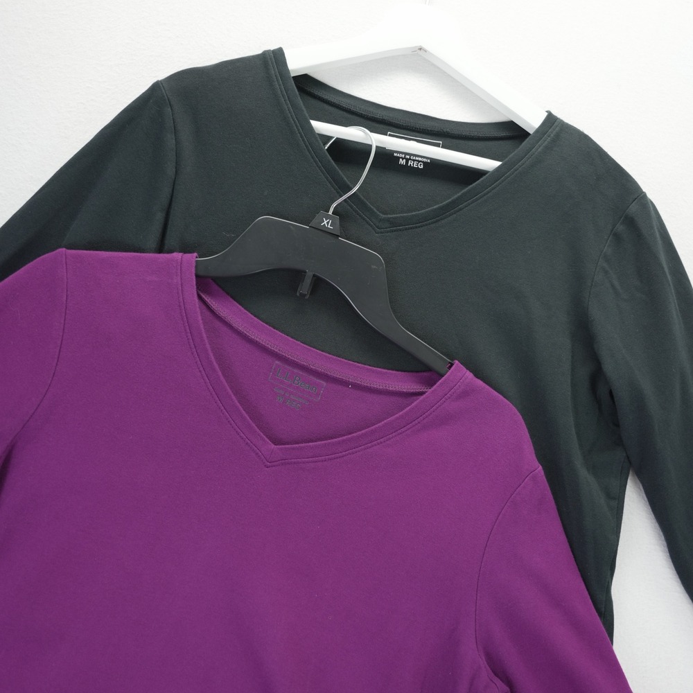 LL Bean Womens M Pima Cotton 3/4 Sleeve V-Neck Tops Lot of 2 Black Purple 244335